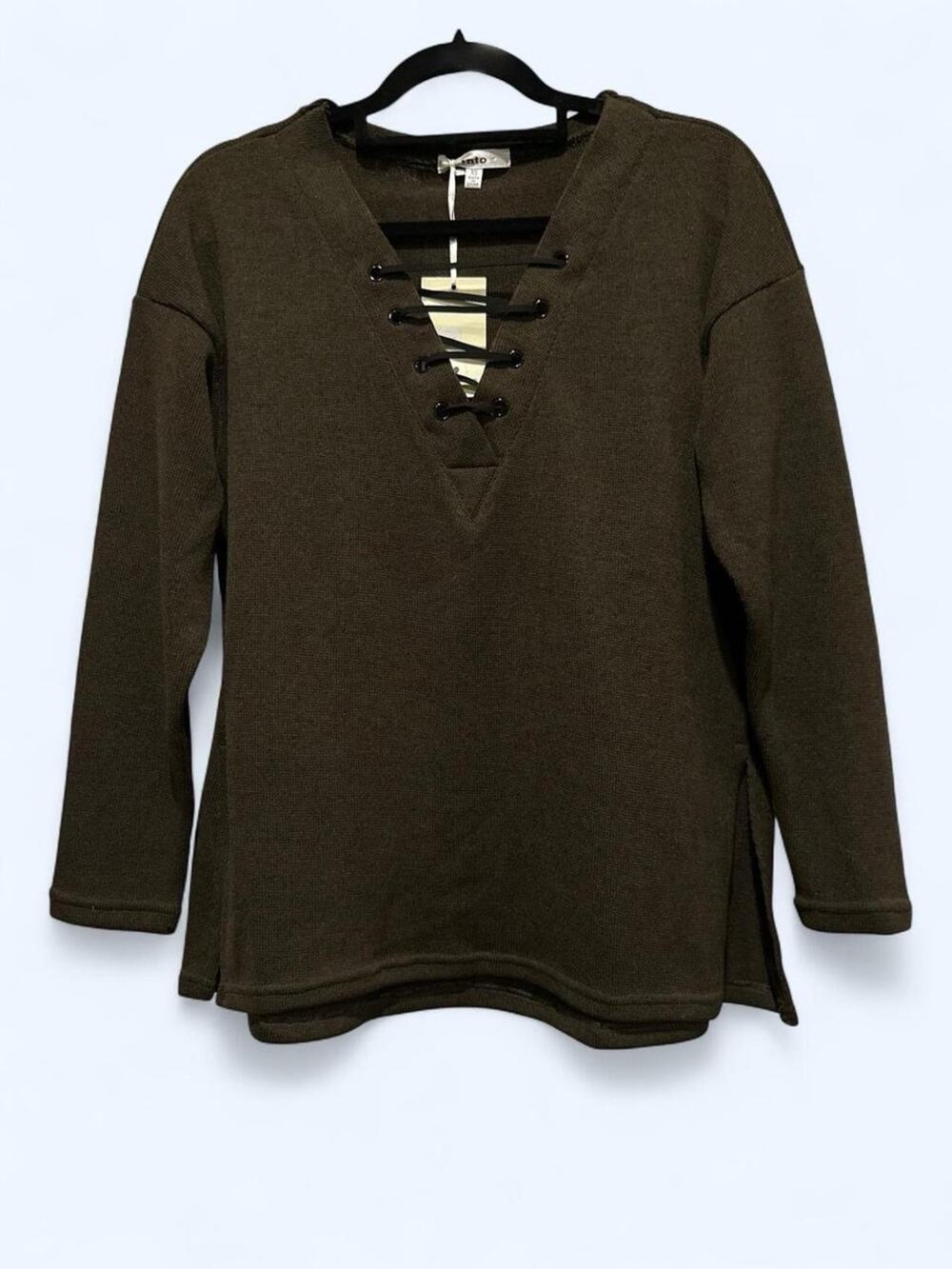 NWT Into Womens Olive Lace-Up V-Neck Pullover Sweater XS